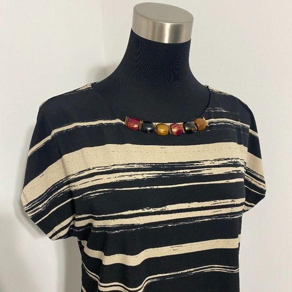 Susan Graver Artisan Shirt S Black Beige Gold Red Liquid Knit Embellished Beaded - Picture 4 of 5